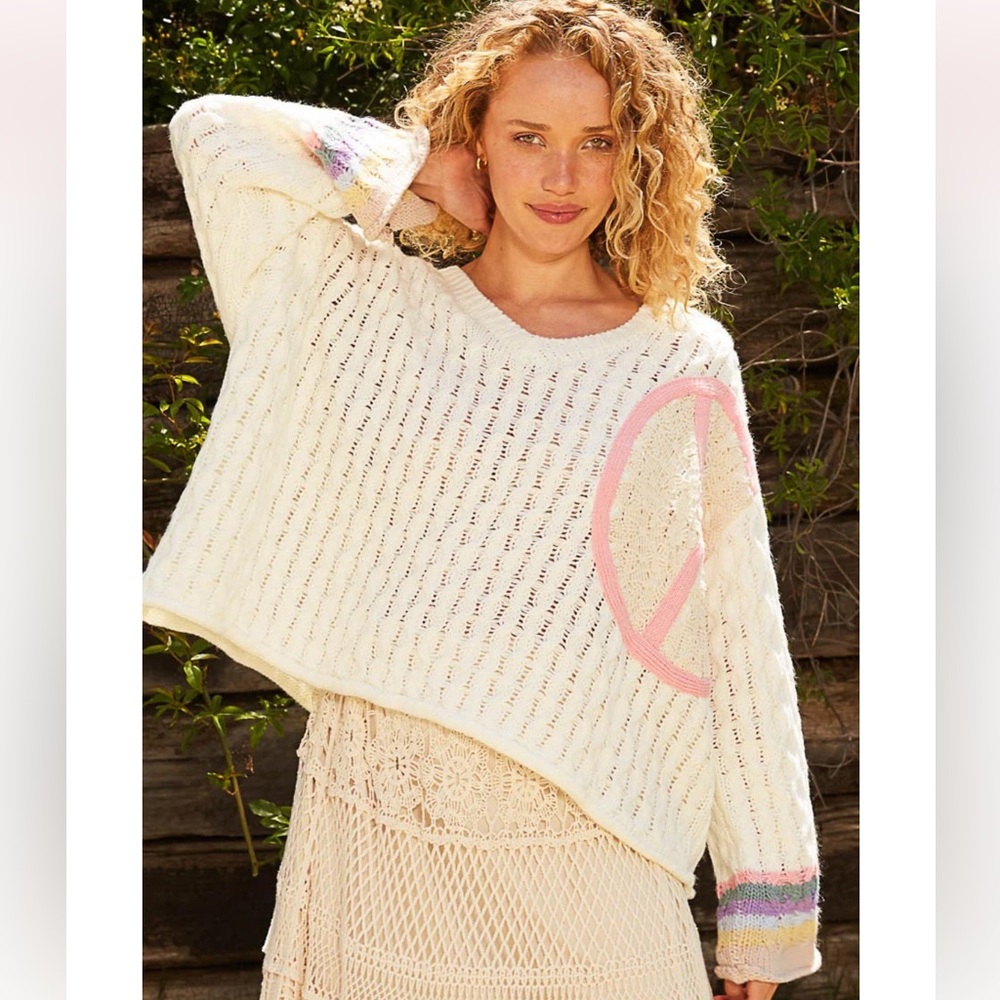 POL Cream Knit Sweater with Pink Peace Sign Boho Oversized Rolled Sleeves Large